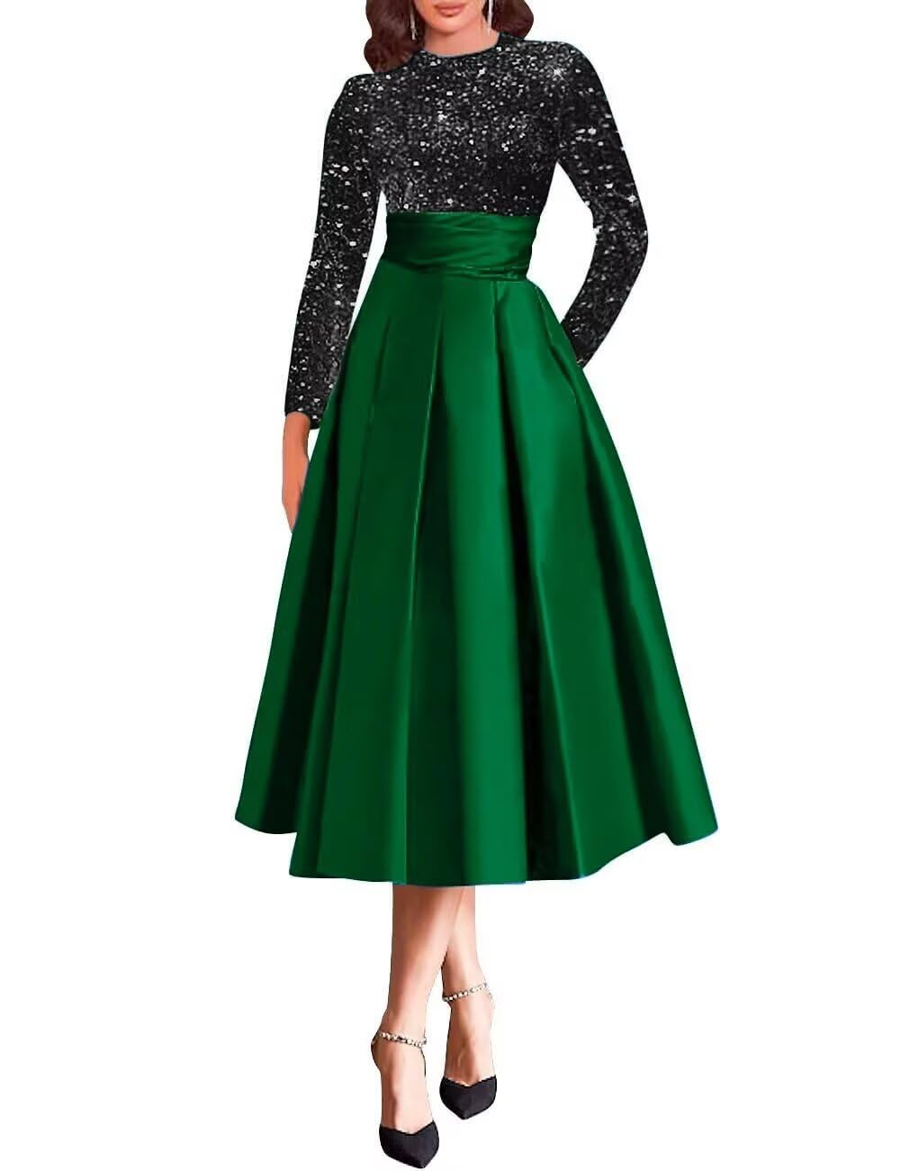 Sparkly Sequin Wedding Gown Long Sleeve Tea Length A Line Formal Dress Mother of The Bride Dresses for Women