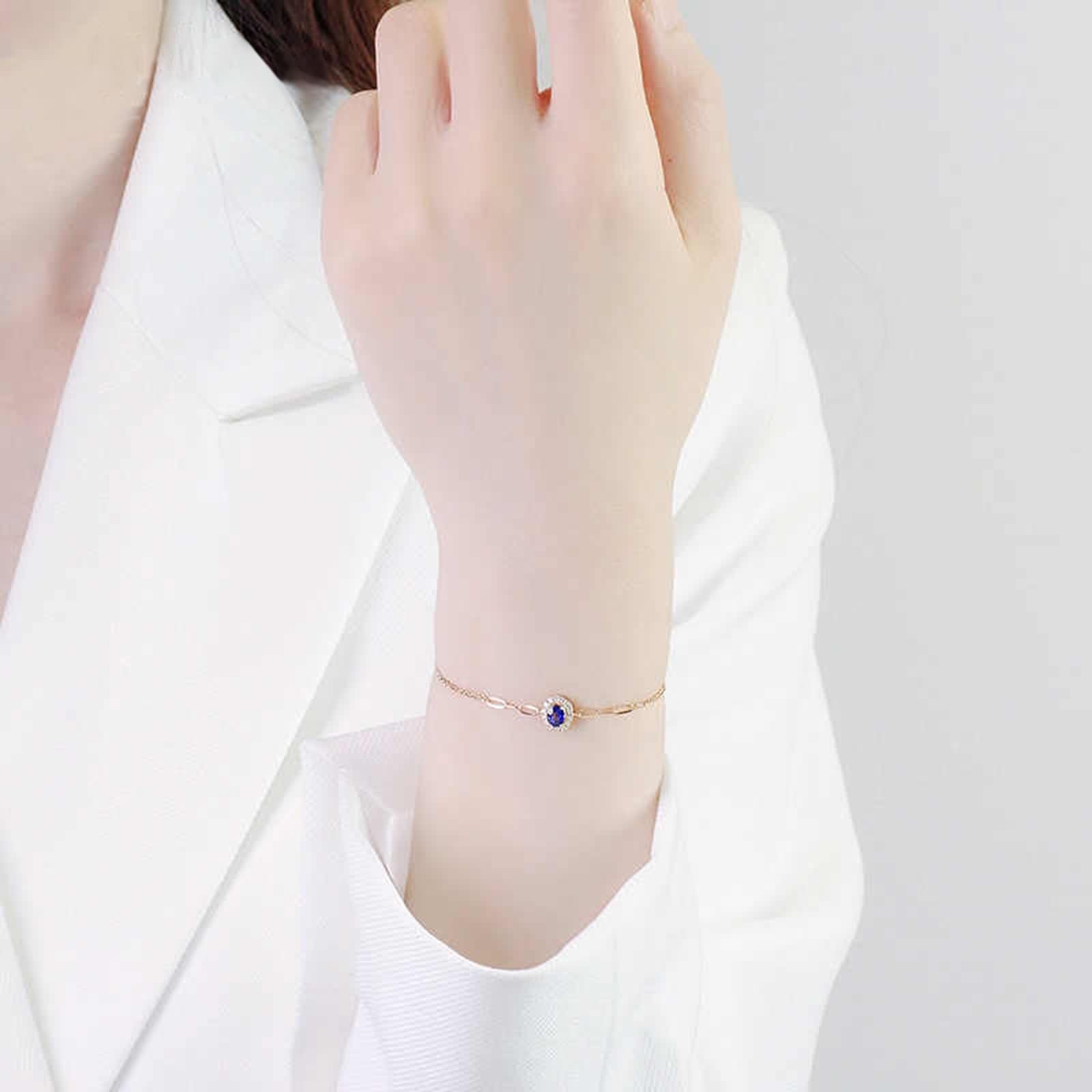 Pulseras de oro rosa para mujer, pulsera de promesa de zafiro azul de 0,4 quilates, cadena ovalada de doble capa con diamantes