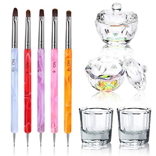 9Pcs Nail Art Dappen Dish Set - Dappen Dish for Monomer Acrylic Nail Liquid Powder: 2 Dappen Dish for Acrylic Nails with Lid & 2 Glass Nail Cup Crystal Bowl Monomer Dish & 5 Acrylic Nail Brush Set