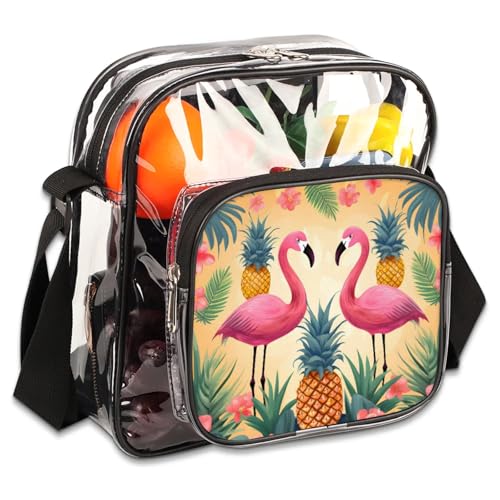 Clear Crossbody Bag Stadium Approved Birds Flamingo Transparent Bag for Festivals, Sports Events, Concerts,Beach Bag for Women Men Flamingo Clear Purse with Front Pocket Messenger Bag