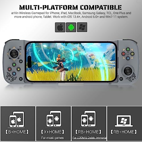Arvin Wireless Gaming Controller For Iphone/Ipad/Ios/Android/Samsung/Pc Gamepad Joystick With Back Button, Analog Triggers, Stretchable, Bluetooth 5.0 Low Latency, Direct Play For Codm,Diablo Immortal #TOP1