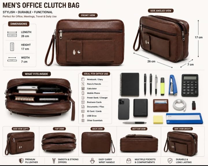 Image of PSH Men's Synthetic Leather Cash Pouch /Money Carrying Multipurpose travel Big Wrist Clutch Business Handbag Sling Document Carry Bag, High-capacity Shop Size- 26x17x7 Cms