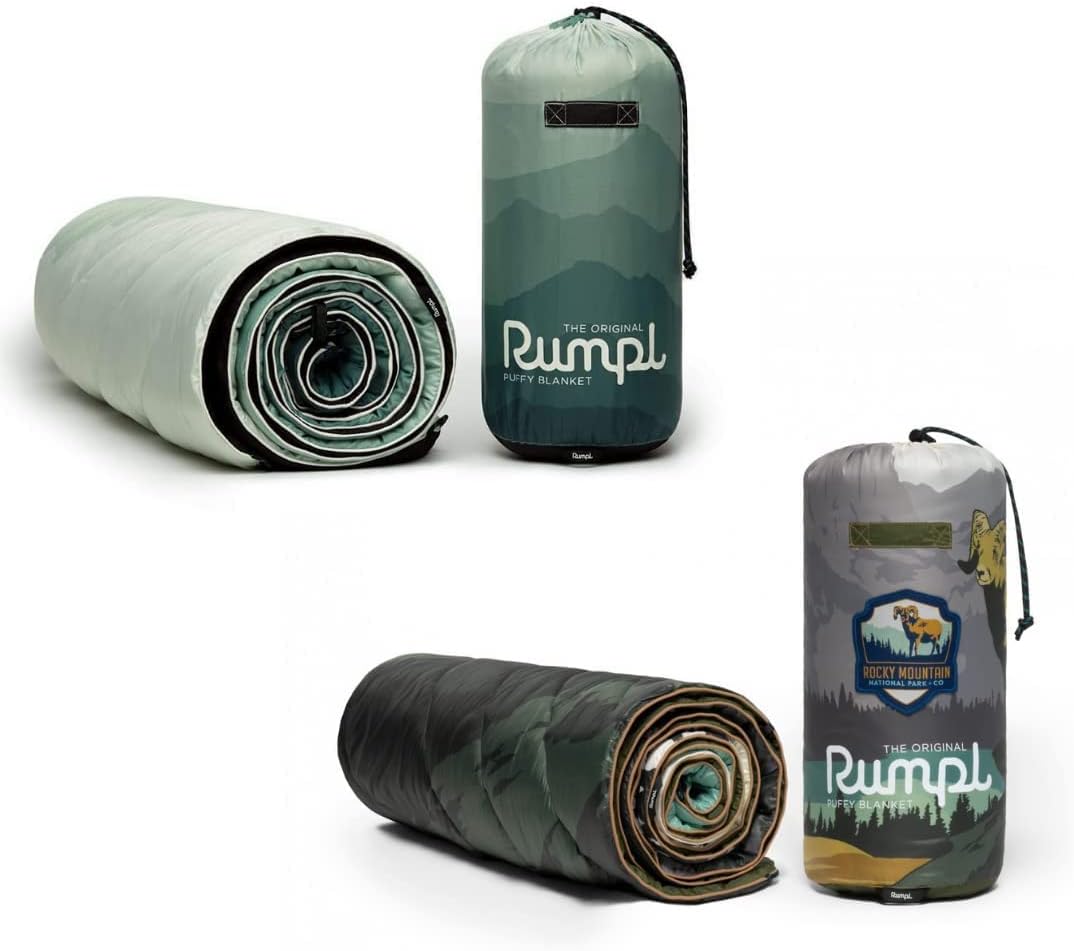 Rumpl The Original Puffy | Indoor Outdoor Camping Blanket for Traveling, Picnics, Beach Trips, Concerts | Cascade Fade Green and Rocky Mountains 1-Person Bundle : Sports & Outdoors