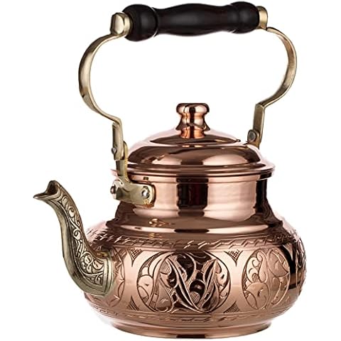 DEMMEX Handmade Engraved 1mm Thick Solid Uncoated Copper Tea Pot Kettle Stovetop Teapot, 1.6-Quart Cover