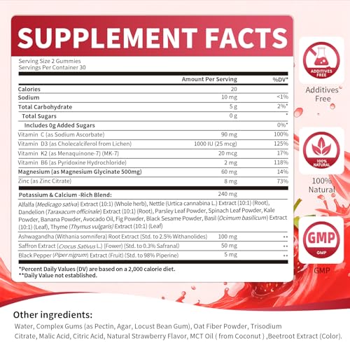 2 Pack Potassium Magnesium Gummies, Sugar Free Potassium Supplement Magnesium Glycinate 500mg, Ashwagandha, Vitamins D3, C, B6, Calcium & Zinc for Sleep, Leg Cramps & Muscle Relaxation-120 Count - Image 3