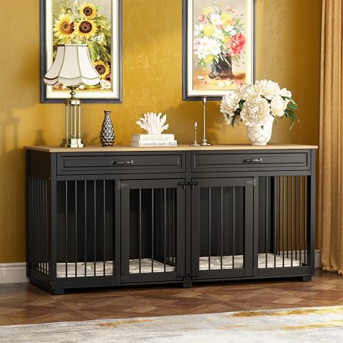 Hundekäfig für Zuhause, Eisen Hundebox,Hundebox XXL,Hundehütte Hundekiste für den Innenbereich,PB-Brett + Bügeleisen mit 2 Türen 164 x 80 x 60 cm, Metall, Schwarz + Braun