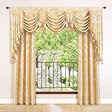 Damask Golden Jacquard Waterfall Valance(79',Rod Pocket) and Curtain (52'x84', 2 Panels,Grommet Top)