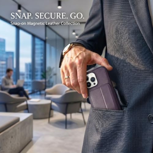 Image of amazon basics Luxury Vegan Leather Back Cover for iPhone 15 Pro | Built-in Card Holder Slot | Integrated Mobile Stand | Slim Shockproof Protective Case with Stitched Finish - Purple