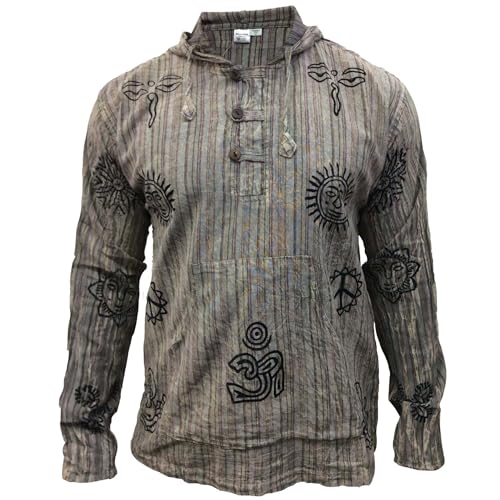 Shopoholic Fashion Mens Handmade Stonewashed Boho Hooded Shirt | Wooden Buttons & Front Pocket, Ethical Cotton Festival Shirt