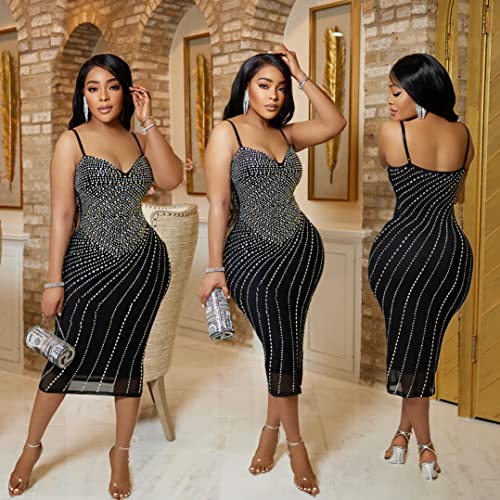 Lrady Women Sexy Hot Drilling Bodycon Dresses Glitter Sequin Elegant Dress Party Club Night Dress, A20 Black, Small #TOP3
