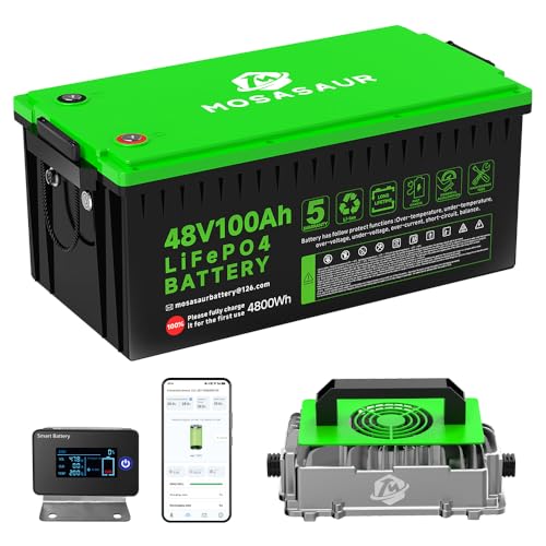 Mosasaur 48V 100Ah LiFePO4 Golf Cart Battery, 10.24kW Peak Power & 4000+ Cycles, Built-in 200A BMS | with 48V 18A Lithium Battery Charger, LCD Screen & APP Monitoring | for Golf Carts, RV, Marine