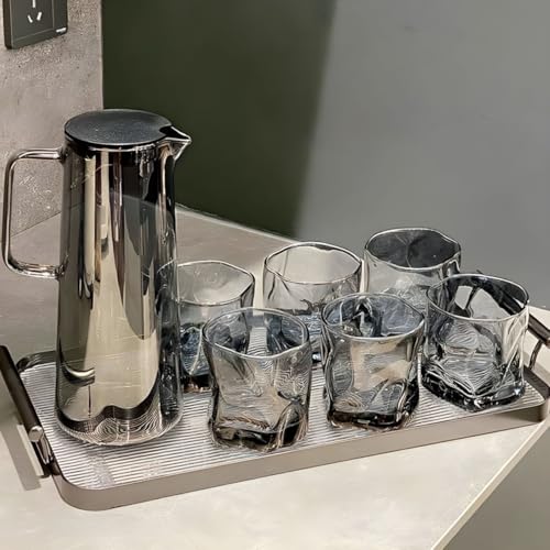 Image of Wringo Premium 7pc Crystal Water Jug with Glass Set and Jug Set Combo,Freezer Safe and Dishwasher Safe (6 Pieces Glasses 200ML and 1 Water Juice Jug 1 Liter), Transparent, Glass and Jug Set (WS-19)
