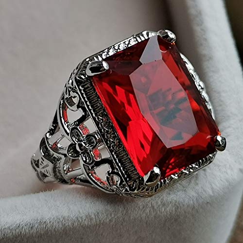 Thai Silver Red Simulation Vintage Ruby Engagement Ring Big Carat Simple Flower Pattern Square Engagement Female Ring Size 6-10 (8)4