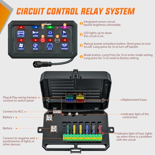 Image of Nilight 8 Gang Switch Panel Red 12V 24V Circuit Control Relay System 4-Mode | Fuse Wiring Harness Automatic Dimmable LED Pod Toggle /Momentary /Strobe /Flash Modes for Car Pickup Truck Camper SUV
