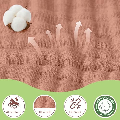 Image of 100% Organic Cotton Muslin Baby Hooded Towel, 32x32 in, Cinnamon & Wildflower, 2 Pack, Soft Absorbent 4-Layer Hooded Bath Towel for Newborns & Toddlers, Boys, Girls, Oeko-TEX