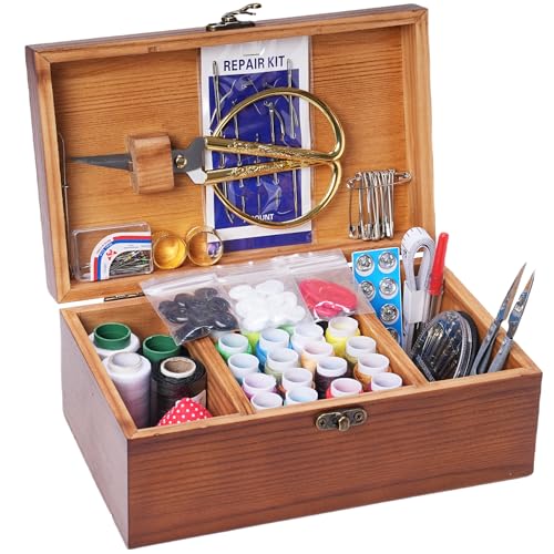 Wooden Sewing Kit Box, Wooden Sewing Box with Sew Kit Accessories, Sewing Repair Kit Sewing Basket, Basic Sewing Kit for Adults, Beginner Universal Home Sewing Repair Tool Kit - Vintage Sewing Set