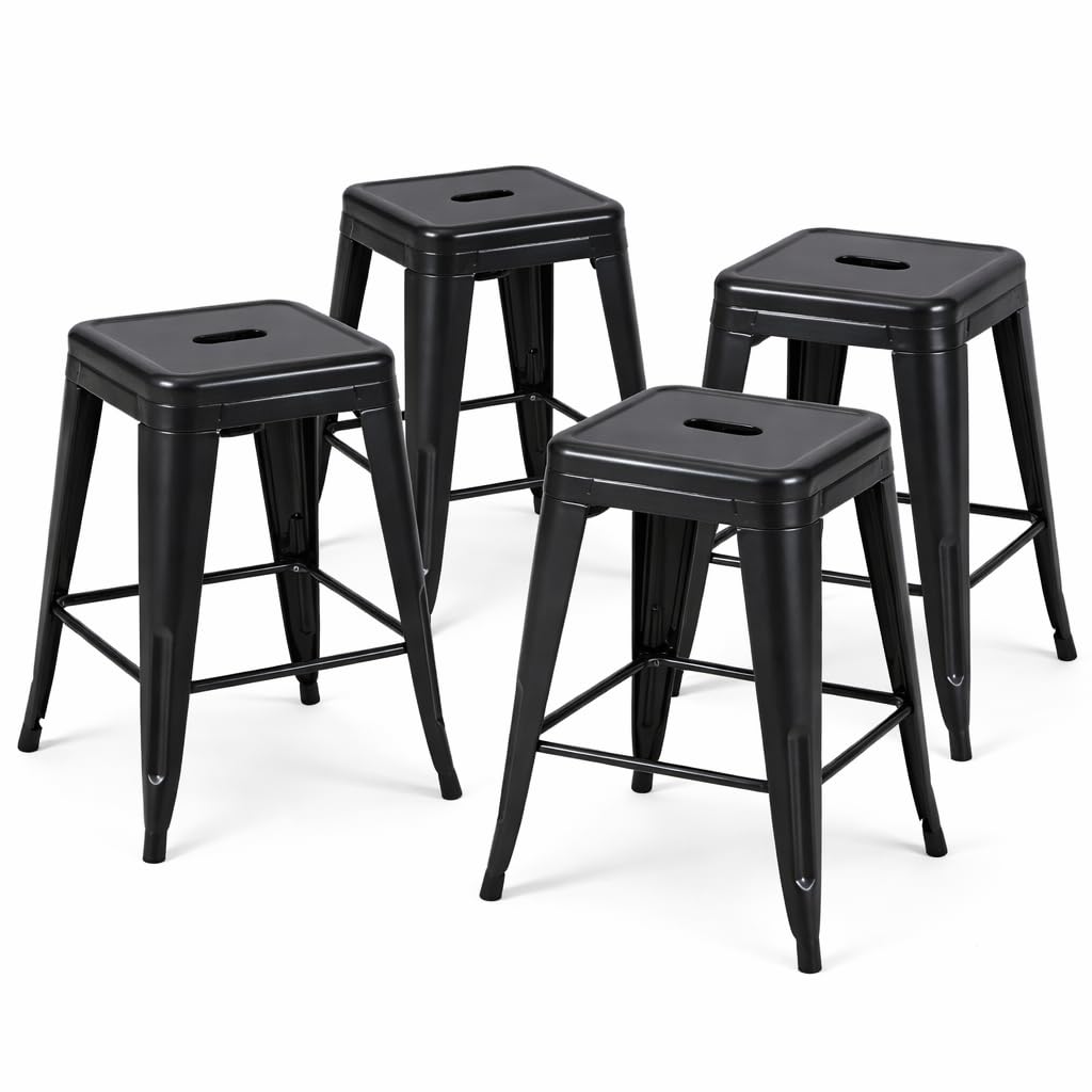 Midnight Black 24 Inch Metal Bar Stools Set of 4,One-Piece Cold-Rolled Steel Counter Height Stools for Kitchen Island,Industrial Stackable Backless Barstools,Indoor Outdoor Kitchen Chairs