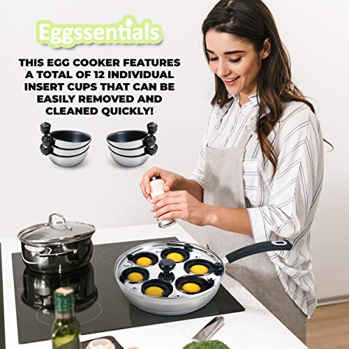 Eggssentials Poached Egg Maker - 6 Extra Nonstick Egg Poaching Cups - Stainless Steel Egg Poacher Food Grade Safe PFOA Free with Spatula