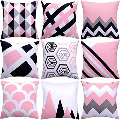 Set of 9 Decorative Throw Pillow Covers 18x18 Two Side Print Geometric Boho Couch Pillows Case for Living Room Bed Car (Pink)