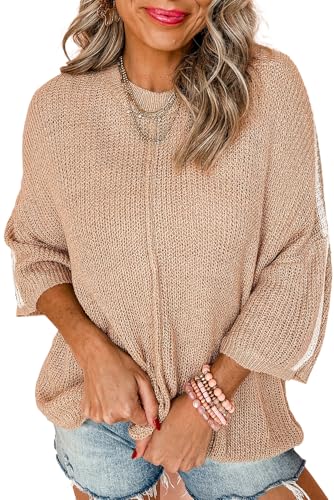 Women's Light French Beige Contrast Striped 3/4 Sleeve Crew Neck Sweater