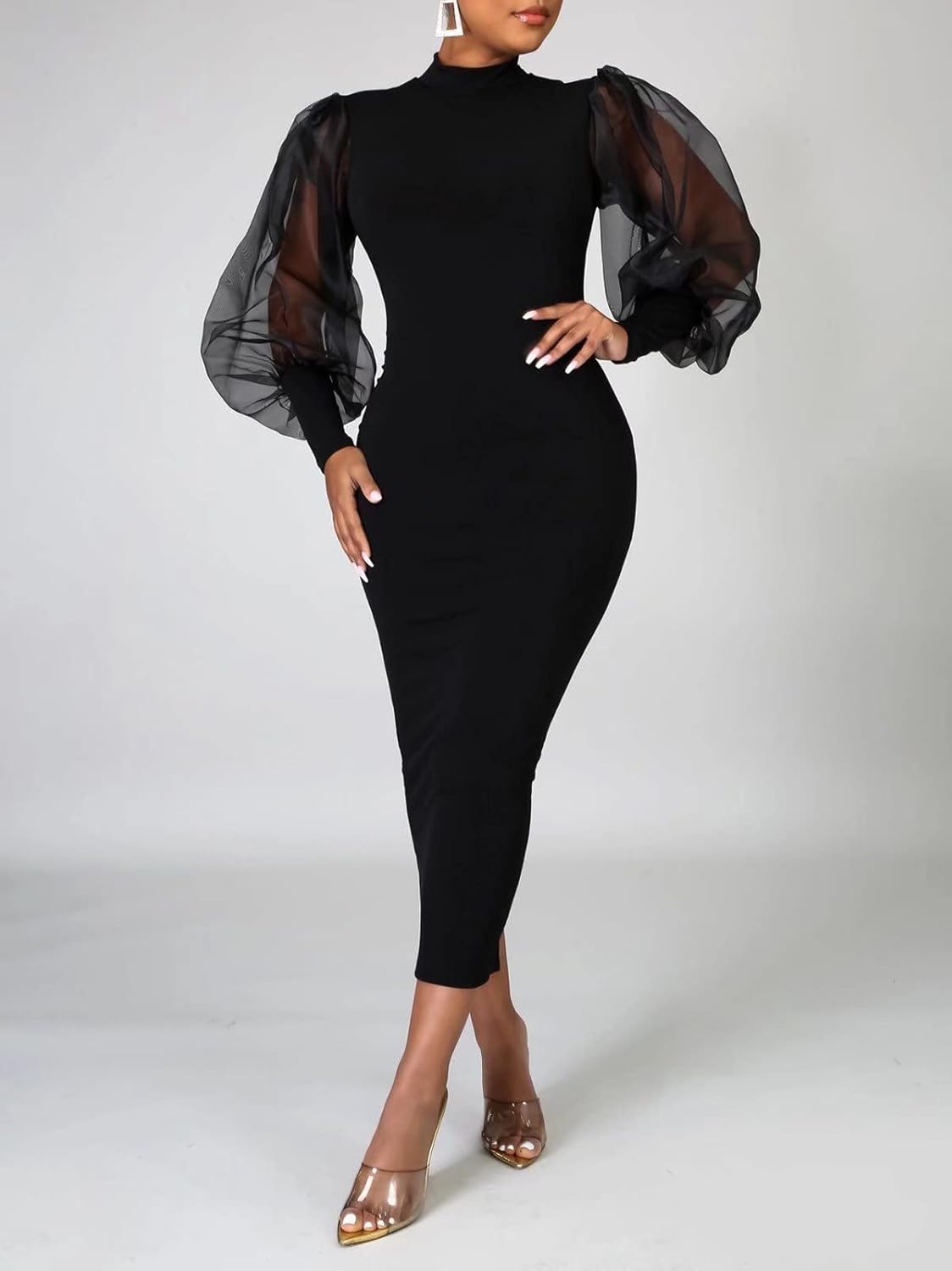 Ekaliy Women's See Through Bodycon Dress Sheer Mesh Long Puff Lantern Sleeve Dress Sexy Club Party Midi Dress Clubwear - Image 2