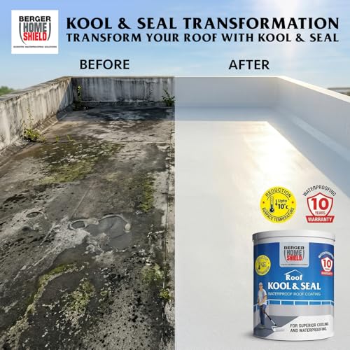 Image of BERGER HomeShield Roof Kool & Seal Roof Coating Solar Reflective Heat Resistant Waterproofing Paint for Terrace Fully Acrylic Elastomeric Crack Bridging Anti-Microbial & Dirt-Resistant (4L, White)