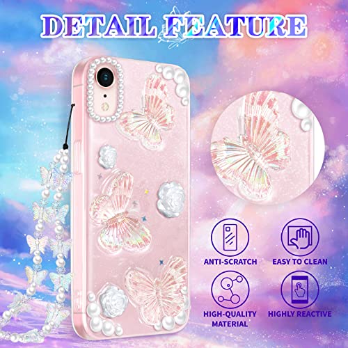 Goocrux (3in1 Case for Apple iPhone XR Butterfly Glitter Handmade Sequin Sparkle Pretty for Women Girls Clear Design Crystal Pearl Sparkly Cute Girly Phone Cases+Chain - image 4