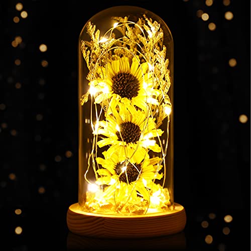 OSALADI Lámpara de flores artificiales de girasoles en cristal con luces de hada, día de la...