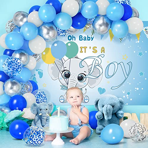 Decoraciones de baby shower para niño - Kit de guirnalda de arco de globo blanco azul con elefante...
