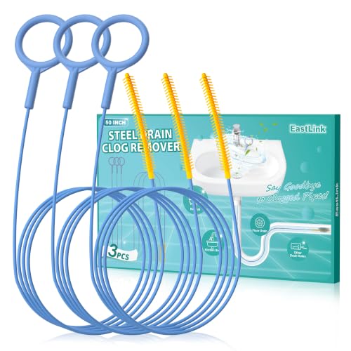 EastLink 50 Inch Extra-Long Drain Snake 3 Pack, Reusable Drain Clog Remover
