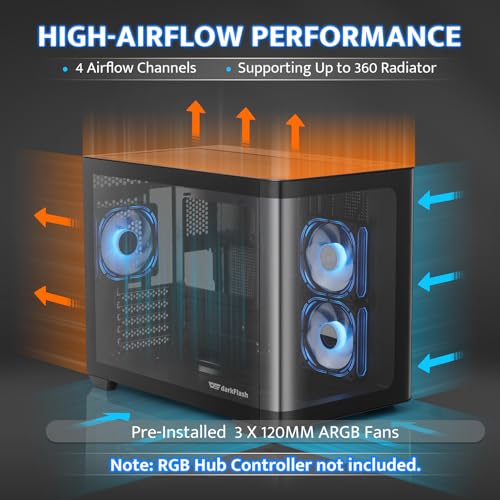 darkflash micro-atx gaming pc case matx pc case with 3 x 120mm argb fans panoramic view dual tempered curve glass computer case usb 30 port supports dual 360mm aio blackdpw90m