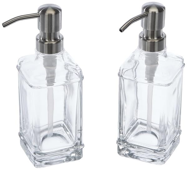 2er Pack vielseitige Glas-Seifenspender-Flasche mit Pumpe, 12 Oz tropffreie Edelstahl-Pumpenflasche, nachfüllbarer Flüssigkeits-Handspender für Bad, Arbeitsplatte, Küche mit 8 wasserfesten Etiketten