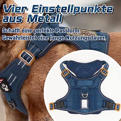 rabbitgoo Hundegeschirr Grosse Hunde, Anti Zug Geschirr Hund Verstellbar mit Griffe Verbreitert, Robust und Verschleißfest, Taktisches Hundegeschirr mit Metallschnallen zum Wandern(L, Blau)