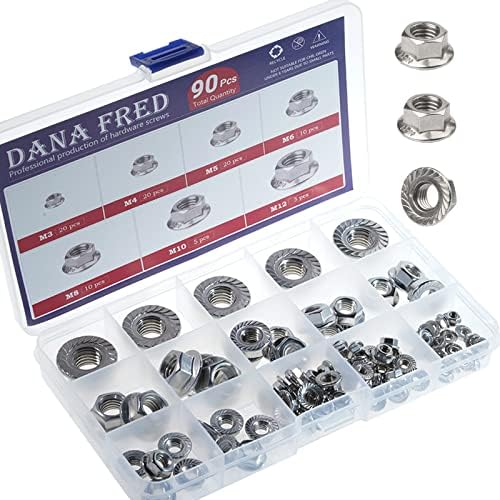 Flange Nuts Hex Lock Self-Locking Metric Thread Nut 304 Stainless Steel Assortment Kit 125Pcs,M3 M4 M5 M6 M8 M10 M12
