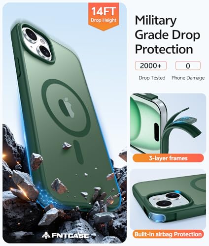 Image of FNTCASE for iPhone 15 Case: for iPhone 14 Case & iPhone 13 Case [Compatible with Magsafe] Translucent Matte Cases with [Screen Protector] Military Grade Shockproof Protective Phone Cover - Green