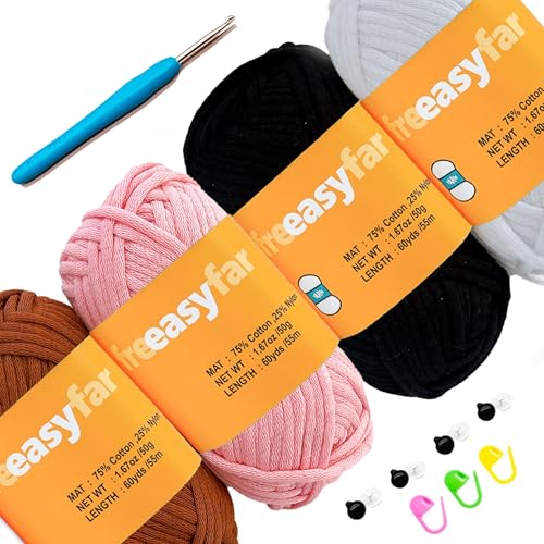 Image of 4x50g Beginner Easy Yarn Kit for Crocheting and Knitting; Worsted-Weight Medium #4;Crocheting and Knitting kit with Tool Set (Pink+Latte+White+Black, 4 Skein)