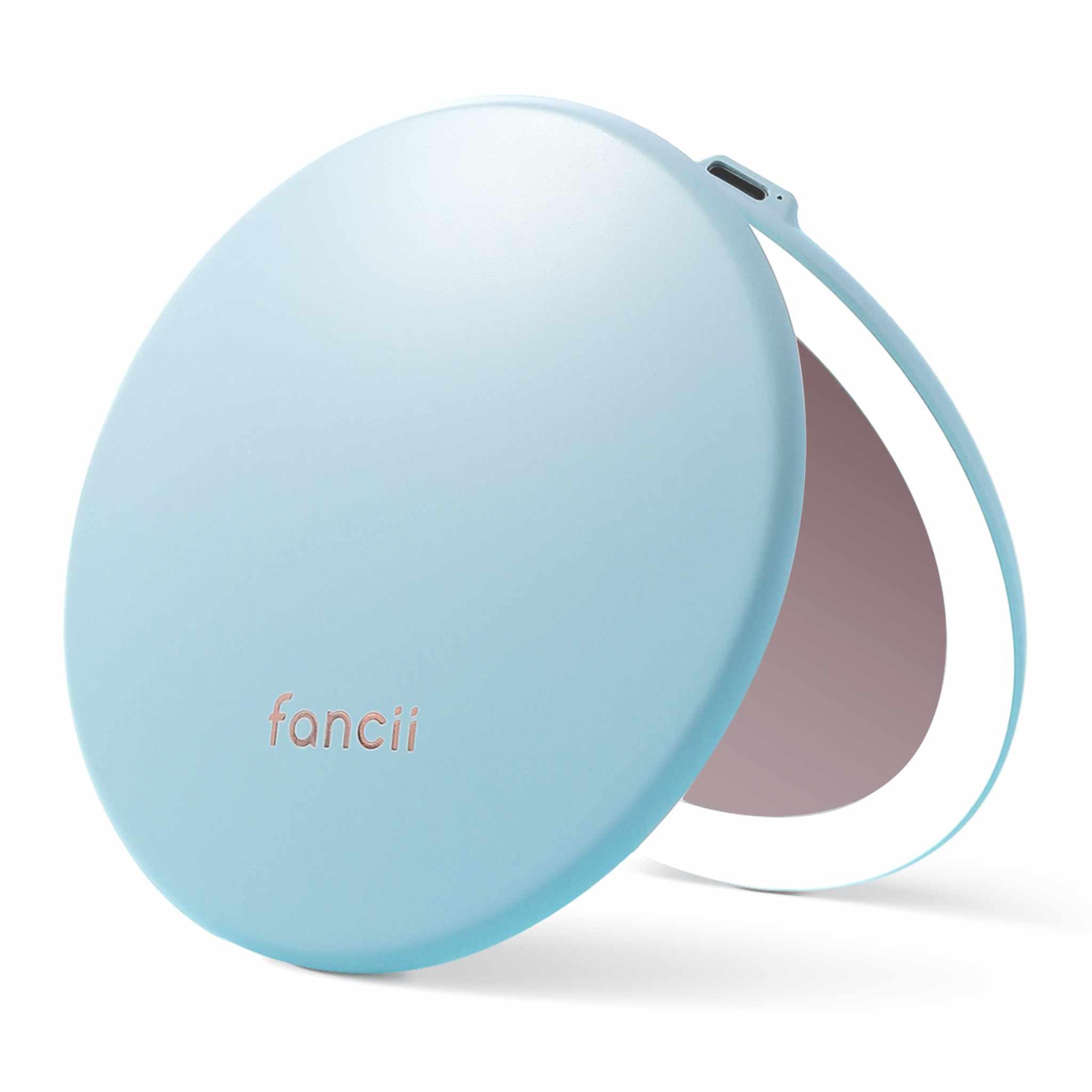 Fancii Taylor Wiederaufladbarer kompakter Make-up-Spiegel mit LED-Lichtern, 10-fach/1-fache Vergrößerung, 3 Lichteinstellungen, groß, 12,7 cm breit, Reisespiegel für Geldbörsen (weicher Himmel)