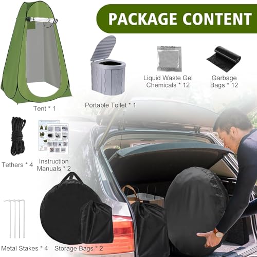 Image of Pop Up Privacy Tent & Portable Toilet for Adults Camping, 190T Oxford Cloth Outdoor Shower Tent Porta Potty Kit for Camp Travel Car Trips Toilet Bathroom Changing Room Green Color