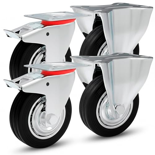 PRIOstahl TR-Set-2 Transportrollen Schwerlastrollen 4 Stück Bockrollen & 2X Lenkrolle mit Bremse | 100mm Durchmesser | Gummi Schwarz | Vollgummi mit Stahlfelge