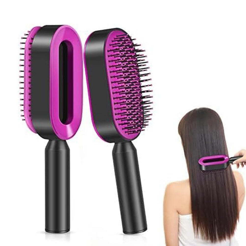 Goodern Self Cleaning Hair Brushes for Women,Anti-Static 3D Air Cushion Hair Comb,Detangler Brush Comb Easy Clean Hairdressing Brush Hair Styling Tools for Curly Thick Straight Wet or Dry Hair-Purple
