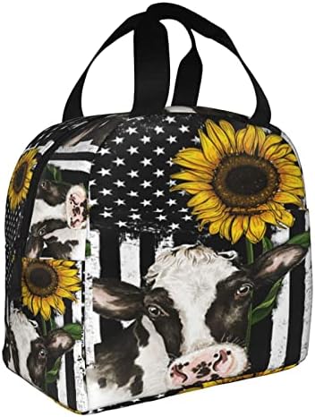 HUZEIMINniu American Flag Lunch Bag Sunflower Cow Lunch Bag Tote Bag Portable Insulated Reusable Lunch Box For Office Work Camping Travel Picnic Beach Fishing For Adult