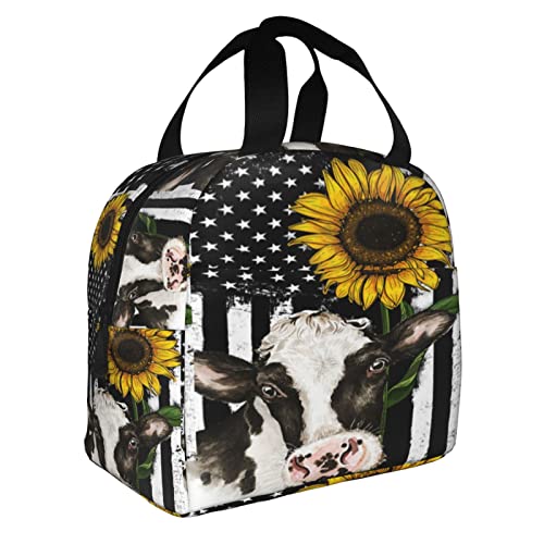 HUZEIMINniu Lancheira com bandeira americana girassol vaca lancheira sacola portátil isolada reutili