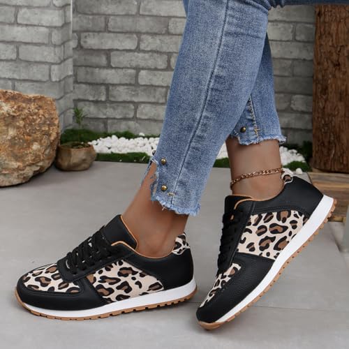 Women's Leopard Print Fashion Sneakers, Black and Tan Athletic Shoes with Lace-up Design3
