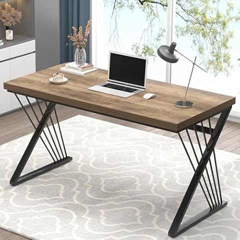 FOLUBAN Computer Desk, Modern Home Office Desk, Wood and Metal Study Writing Gaming Table for Bedroom Living Room, Rustic Oak, 53 Inch Cover