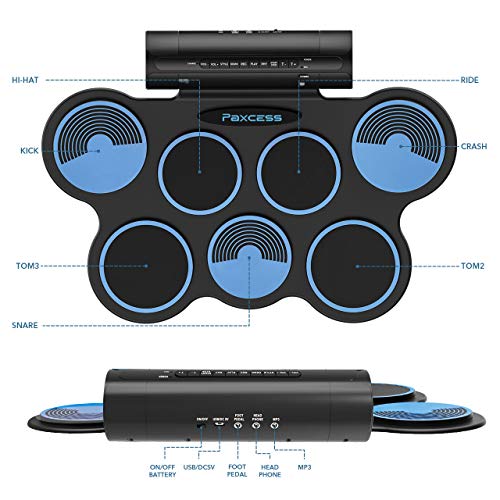 PAXCESS Electronic Drum Set 7 Pads Roll-up Practice Electric Drum for Kids with Headphones Jack, Built-in Speakers Drum Set Best Birthday Gift for Kids (Blue)