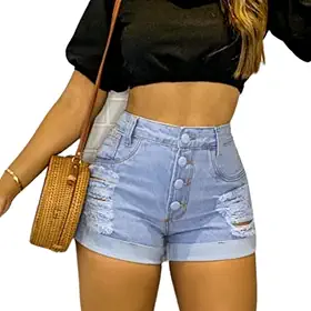 Short Jeans Feminino Cintura Alta Destroyed Desfiado Azul Claro Comprimento Curto