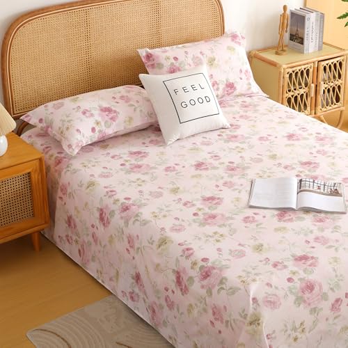 Image of Story@Home 240 TC Air Cotton King Size Bedsheet, Pink & Green, 270 x 250 cm | Air Cotton Flatsheet, Two Pillow Covers, 240 TC, Super Soft, Floral Design