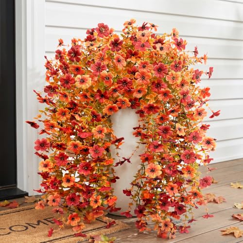 Image of Bassion Artificial Mums for Outdoor, 2 Pcs Fake Fall Hanging Flowers, Mixed