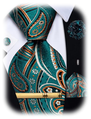 Image of YourTies Silk Paisley Floral Tie and Pocket Square Cufflinks with Lapel Pin Sets for Men 5PC Wedding Party
