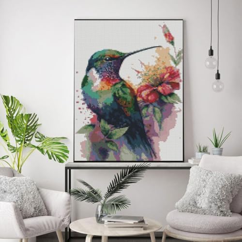 Image of Hummingbird Stamped Cross Stitch Kits,Needlepoint Cross-Stitch Patterns Dimensions Needlecrafts Embroidery Kits,DIY Art Bird Home Wall Decor Perfect for Relaxation 15.7x11.8 Inches